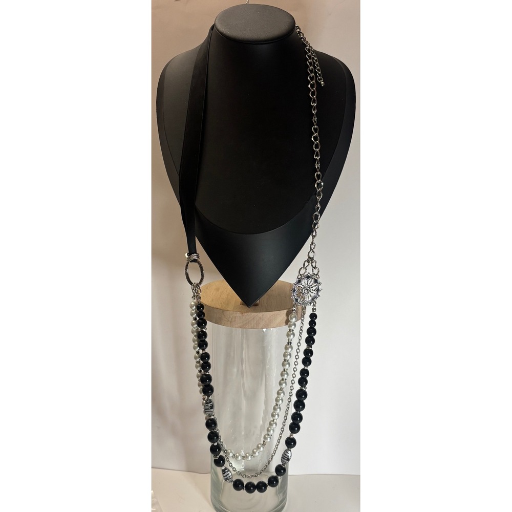 Vintage 90s NY & Co Multi Strand Pearl Bead Ribbon Necklace Silver Tone Black